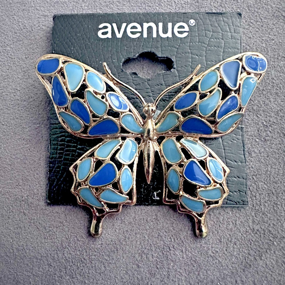 NEW Vintage Two Tone Blue Enamel Butterfly Brooch‎ Large Gold Tone